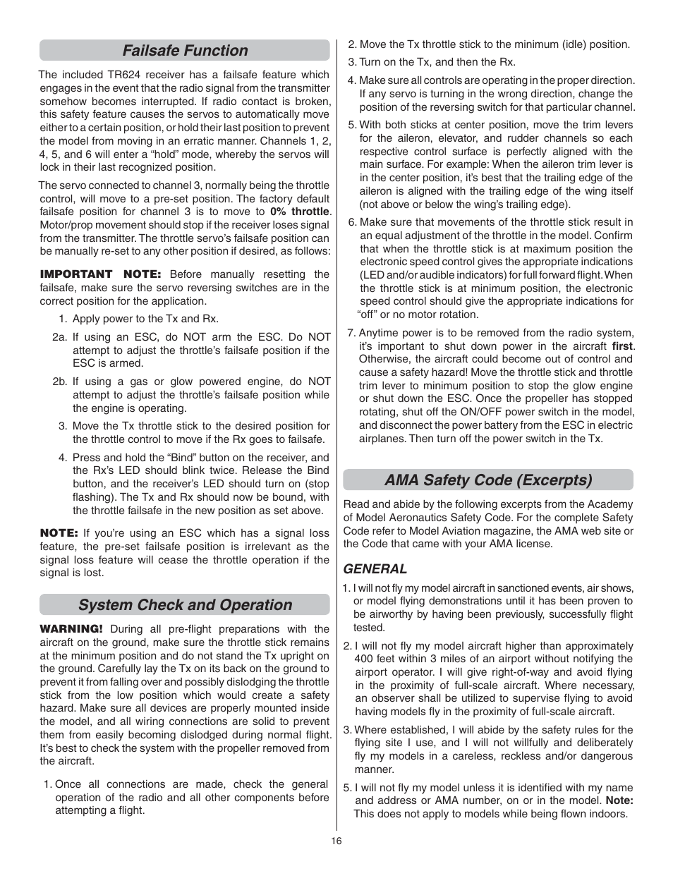 Failsafe function, System check and operation, Ama safety code (excerpts) | Flyzone FLZA4032 User Manual | Page 16 / 20