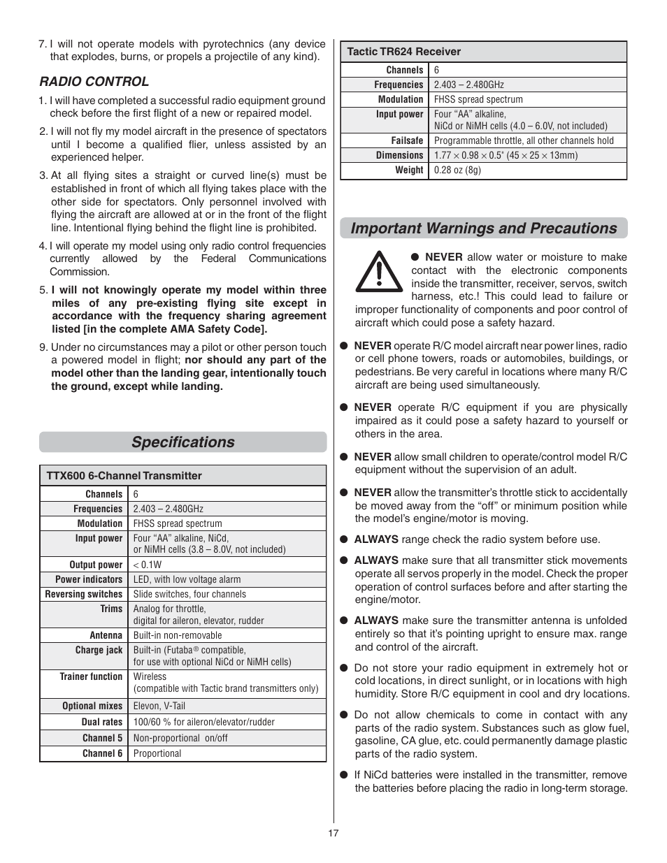 Specifi cations, Important warnings and precautions | Flyzone FLZA4032 User Manual | Page 17 / 20