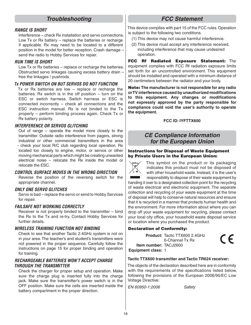 Troubleshooting, Fcc statement, Ce compliance information for the european union | Flyzone FLZA4032 User Manual | Page 18 / 20