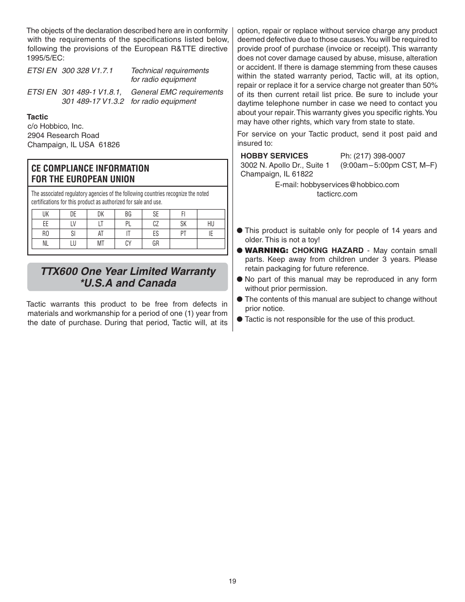 Ttx600 one year limited warranty *u.s.a and canada | Flyzone FLZA4032 User Manual | Page 19 / 20