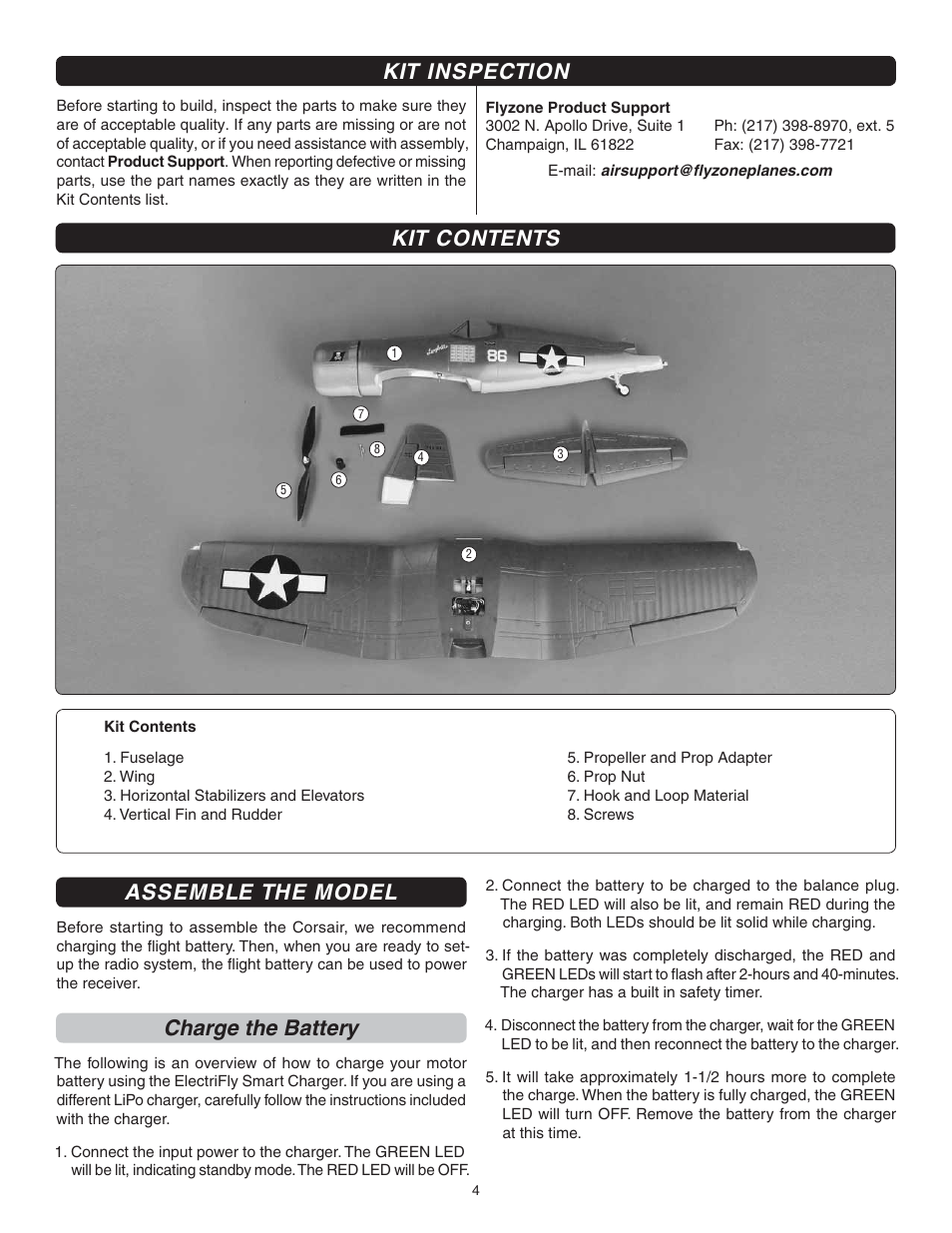 Kit inspection, Kit contents, Assemble the model | Charge the battery | Flyzone FLZA4032 User Manual | Page 4 / 20
