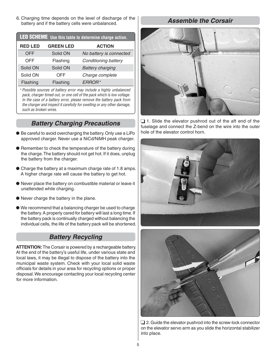Battery charging precautions, Battery recycling, Assemble the corsair | Flyzone FLZA4032 User Manual | Page 5 / 20