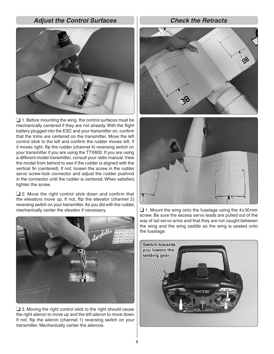 Adjust the control surfaces, Check the retracts | Flyzone FLZA4032 User Manual | Page 8 / 20