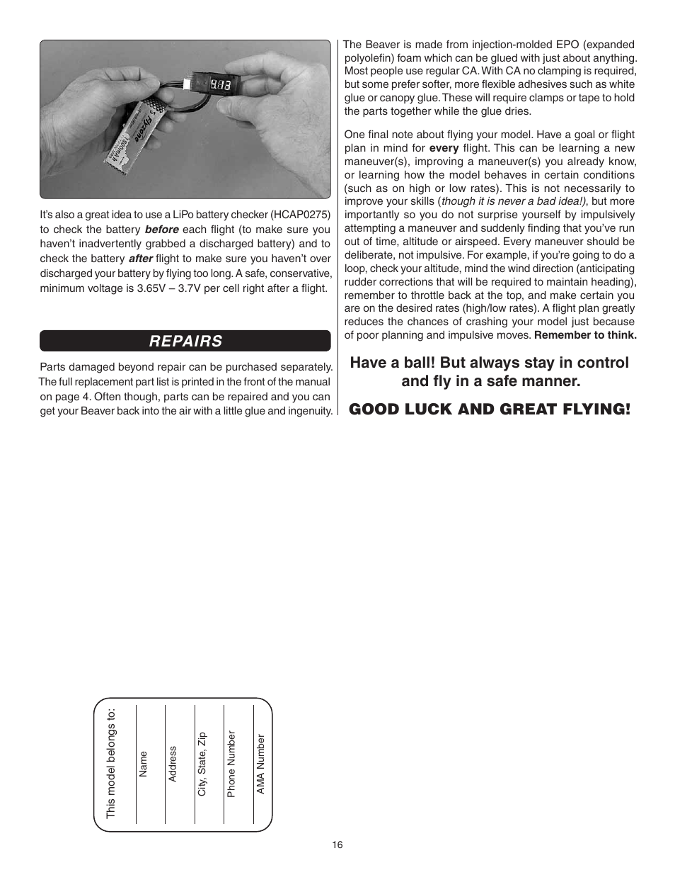 Repairs | Flyzone FLZA4022 User Manual | Page 16 / 16
