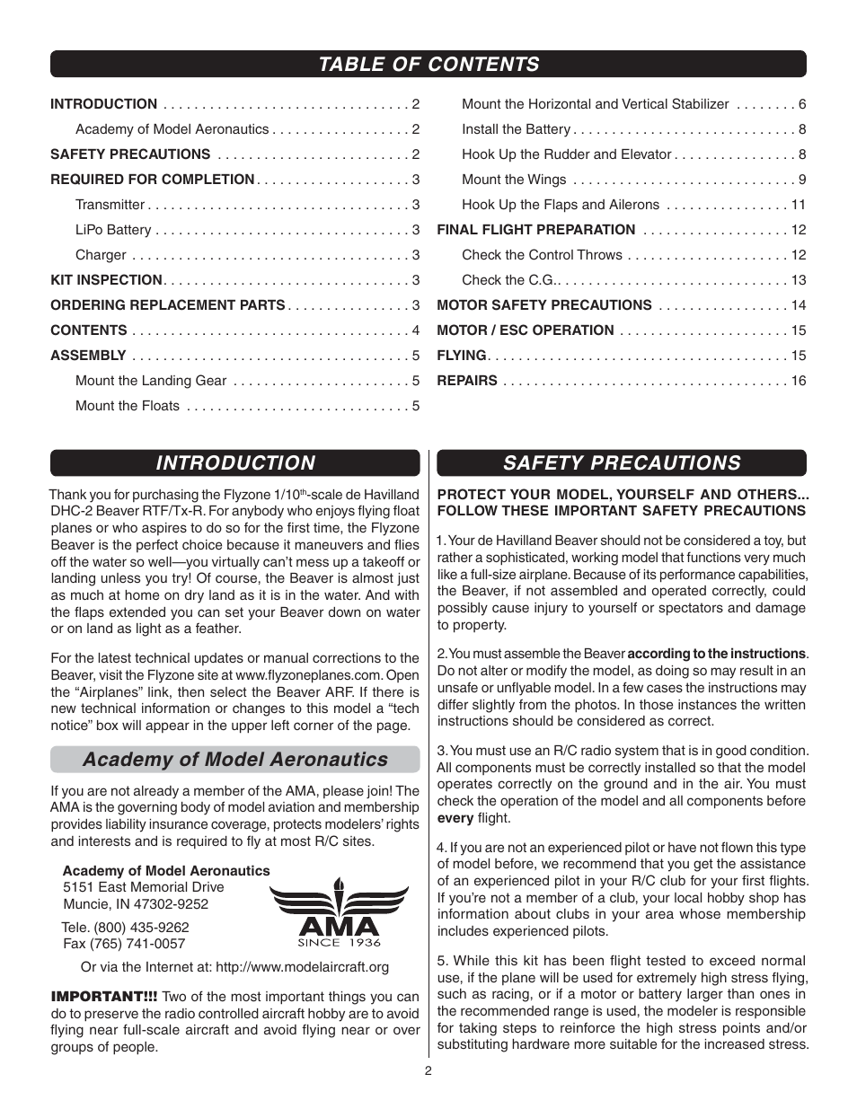 Table of contents introduction, Academy of model aeronautics, Safety precautions | Flyzone FLZA4022 User Manual | Page 2 / 16