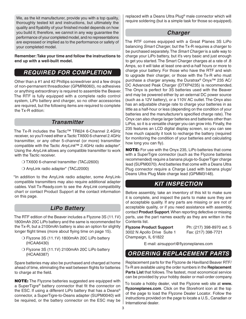 Required for completion, Transmitter, Lipo battery | Charger, Kit inspection, Ordering replacement parts | Flyzone FLZA4022 User Manual | Page 3 / 16