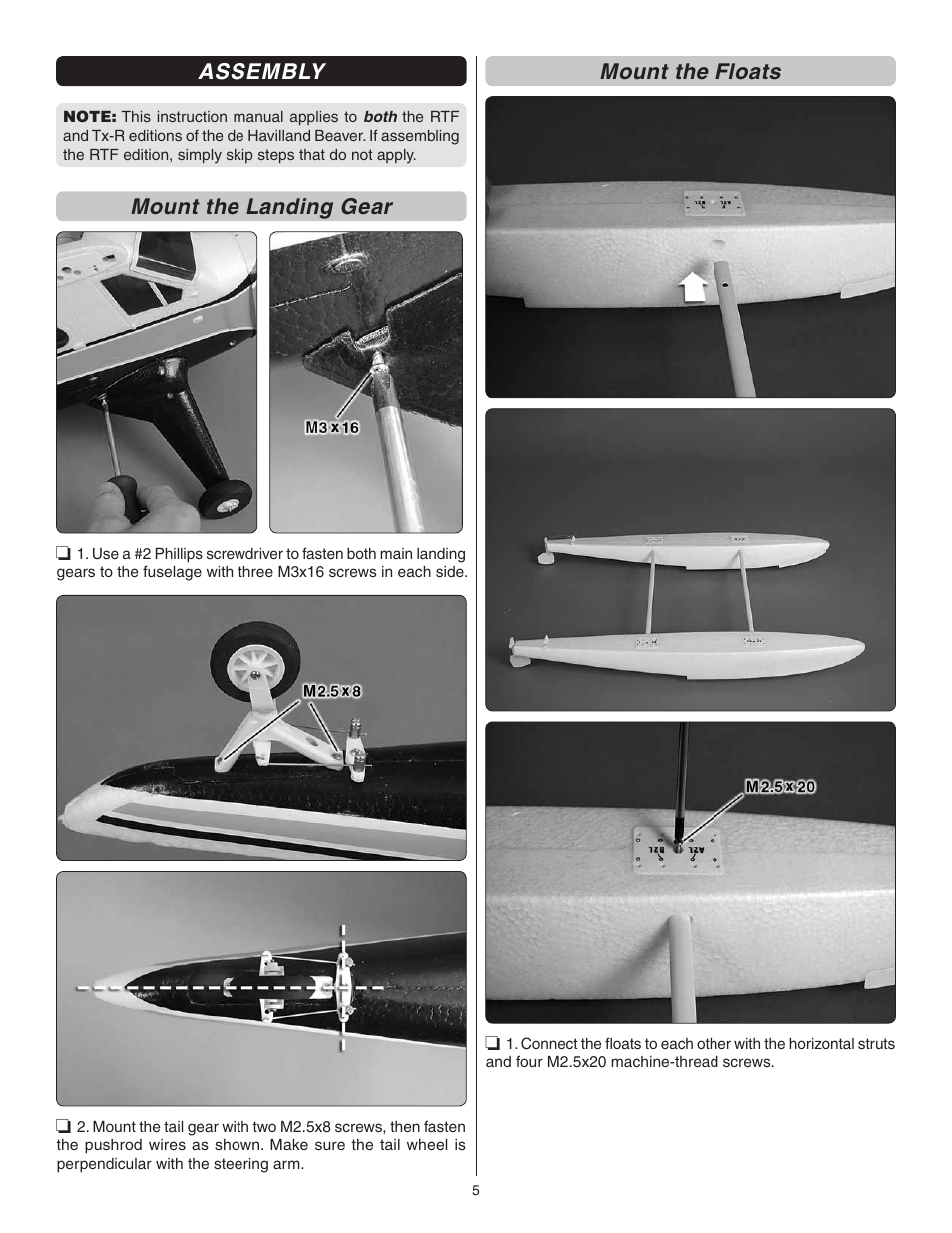 Assembly, Mount the landing gear, Mount the floats | Flyzone FLZA4022 User Manual | Page 5 / 16