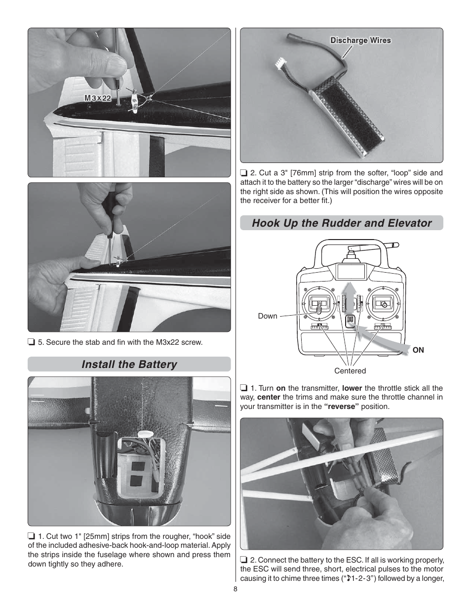 Install the battery, Hook up the rudder and elevator | Flyzone FLZA4022 User Manual | Page 8 / 16