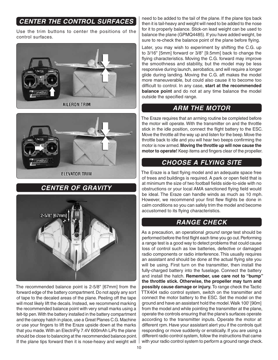 Center the control surfaces, Center of gravity, Arm the motor | Choose a flying site, Range check | Flyzone FLZA3342 User Manual | Page 10 / 12
