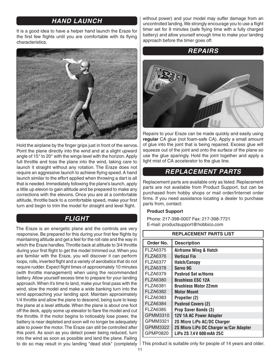 Hand launch, Flight, Repairs | Replacement parts | Flyzone FLZA3342 User Manual | Page 11 / 12