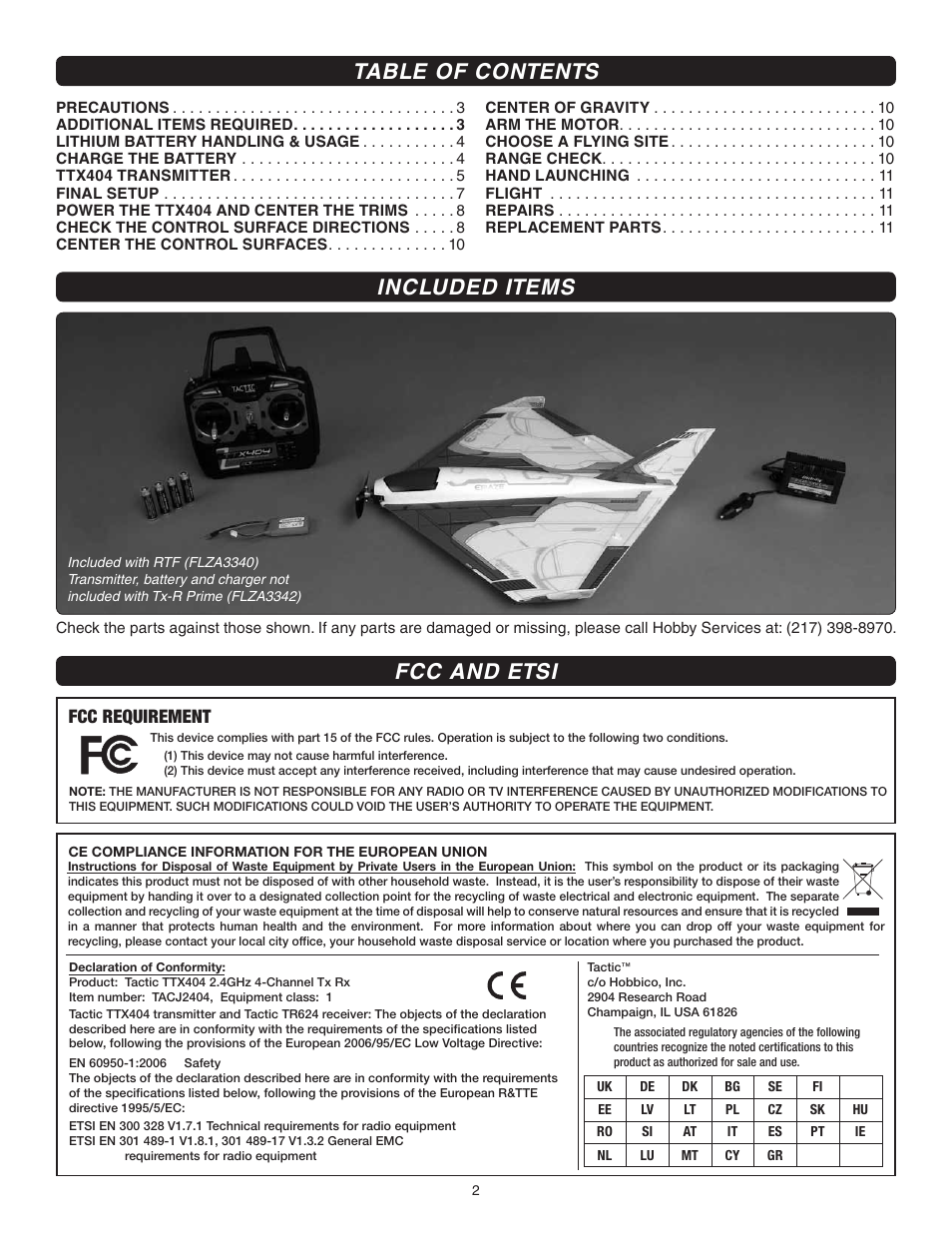 Table of contents fcc and etsi included items, Fcc requirement | Flyzone FLZA3342 User Manual | Page 2 / 12