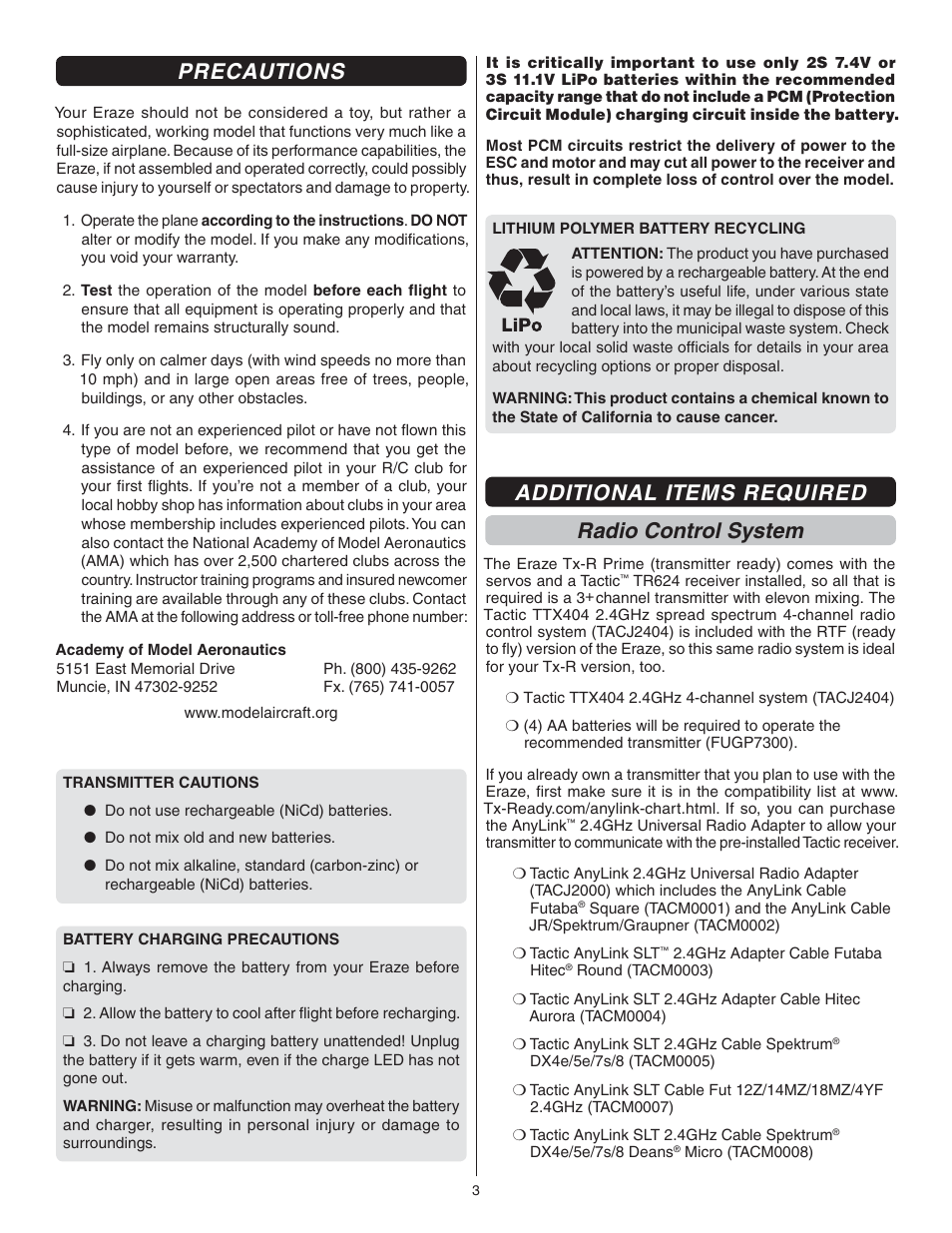 Precautions, Additional items required radio control system | Flyzone FLZA3342 User Manual | Page 3 / 12