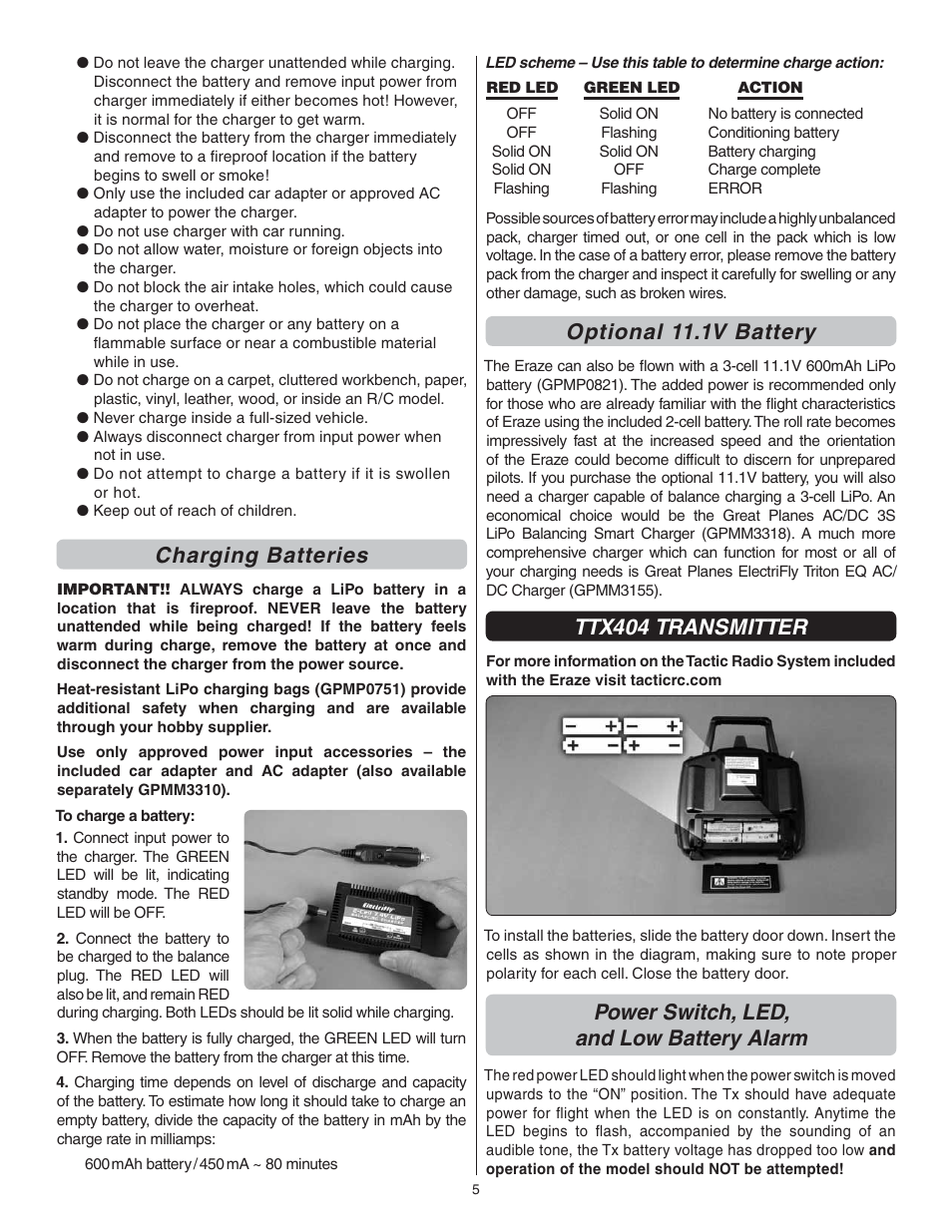 Charging batteries, Optional 11.1v battery, Ttx404 transmitter | Power switch, led, and low battery alarm | Flyzone FLZA3342 User Manual | Page 5 / 12
