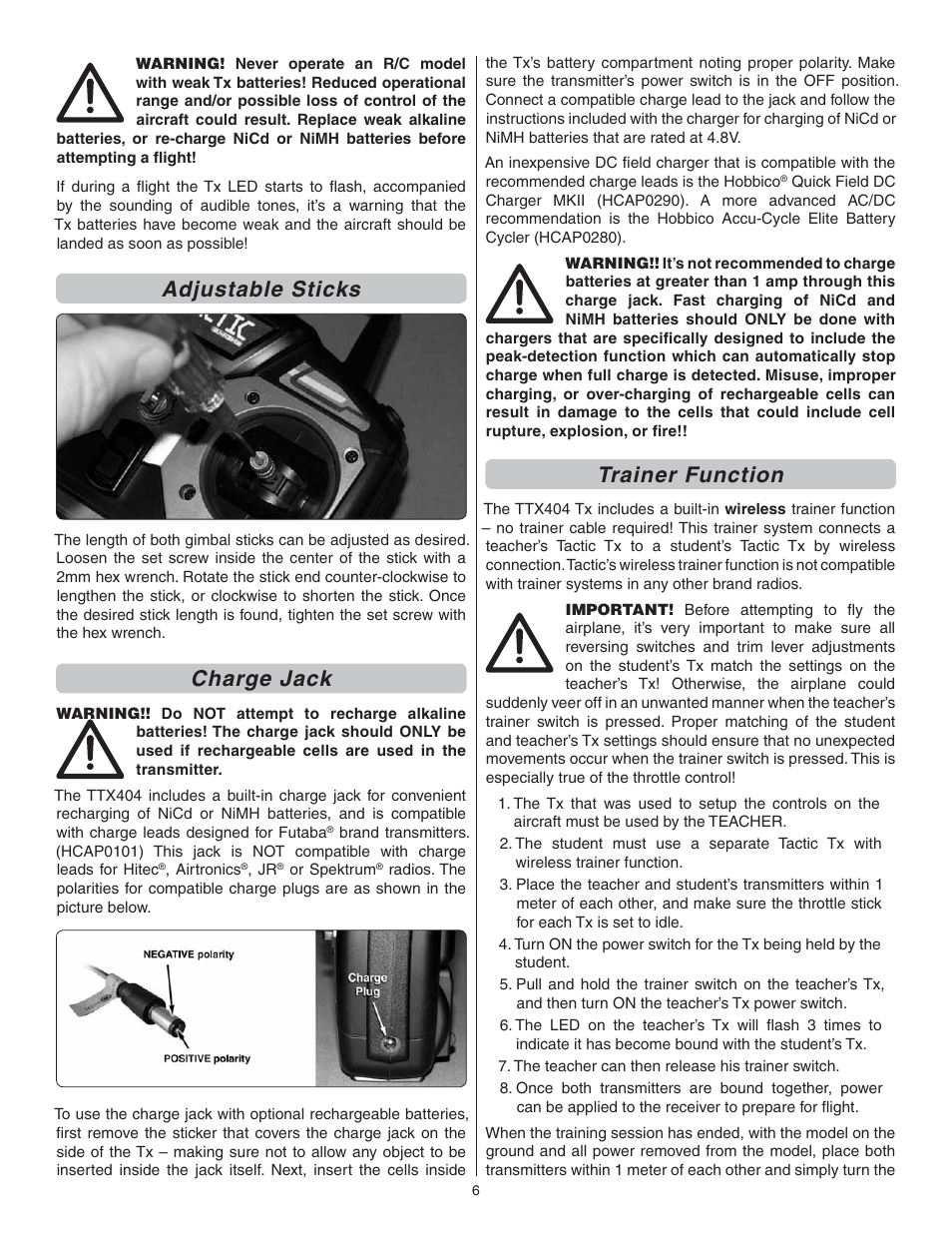 Adjustable sticks, Charge jack, Trainer function | Flyzone FLZA3342 User Manual | Page 6 / 12