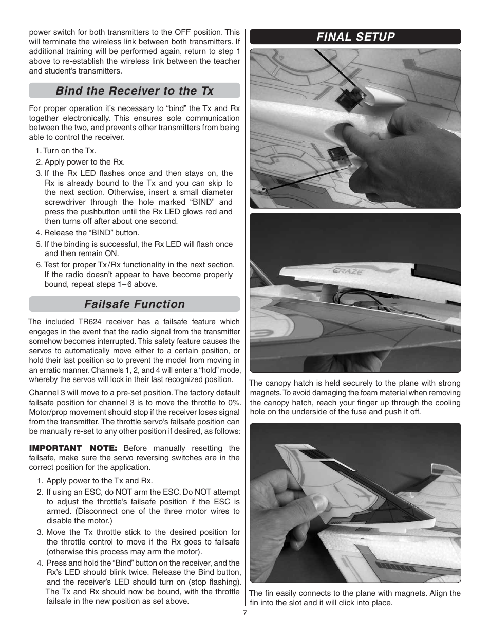 Bind the receiver to the tx, Failsafe function, Final setup | Flyzone FLZA3342 User Manual | Page 7 / 12