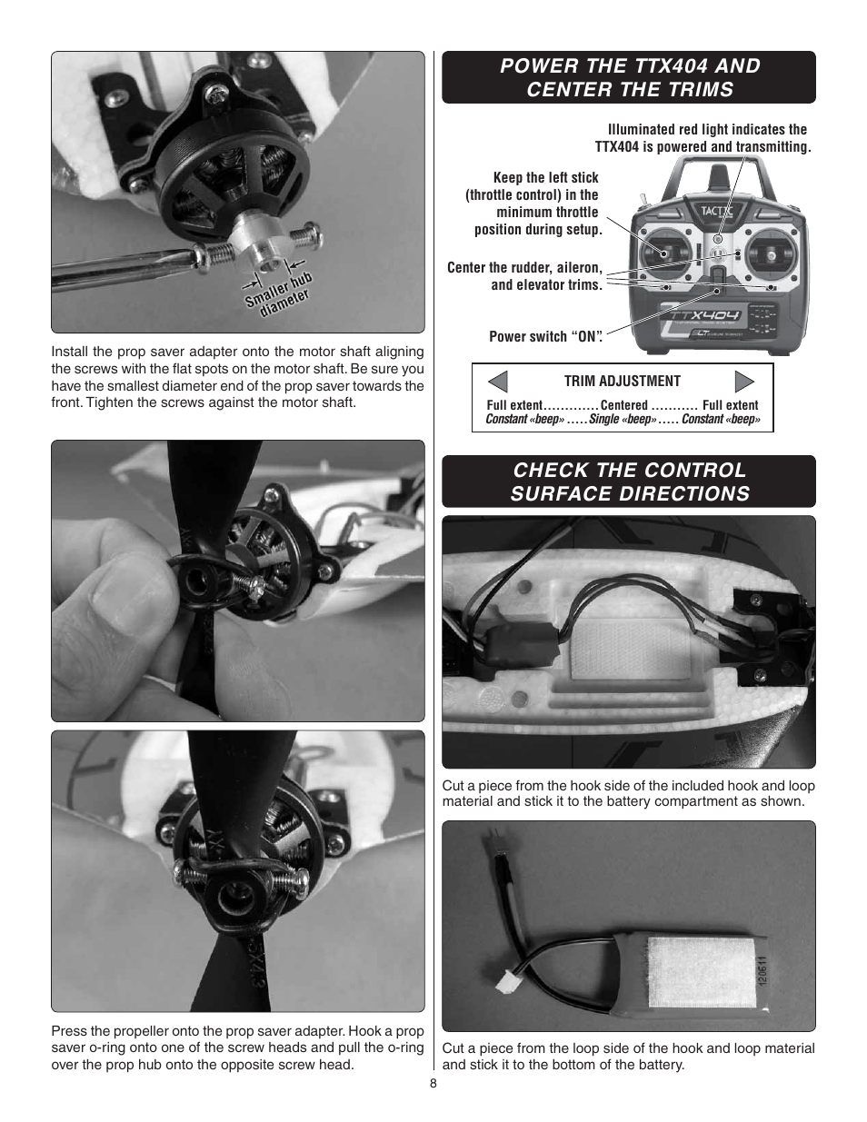 Power the ttx404 and center the trims, Check the control surface directions | Flyzone FLZA3342 User Manual | Page 8 / 12