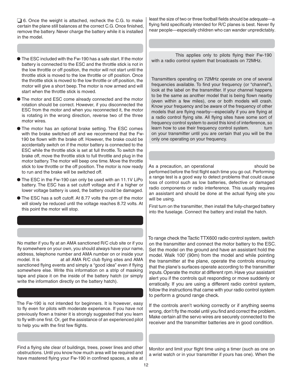 Important esc information, Get the model ready to fly identify your model, Flying the focke-wulf fw-190 | Find a suitable flying site, Know your frequency, Perform a range check, Monitor your flight time | Flyzone FLZA4314 User Manual | Page 12 / 20