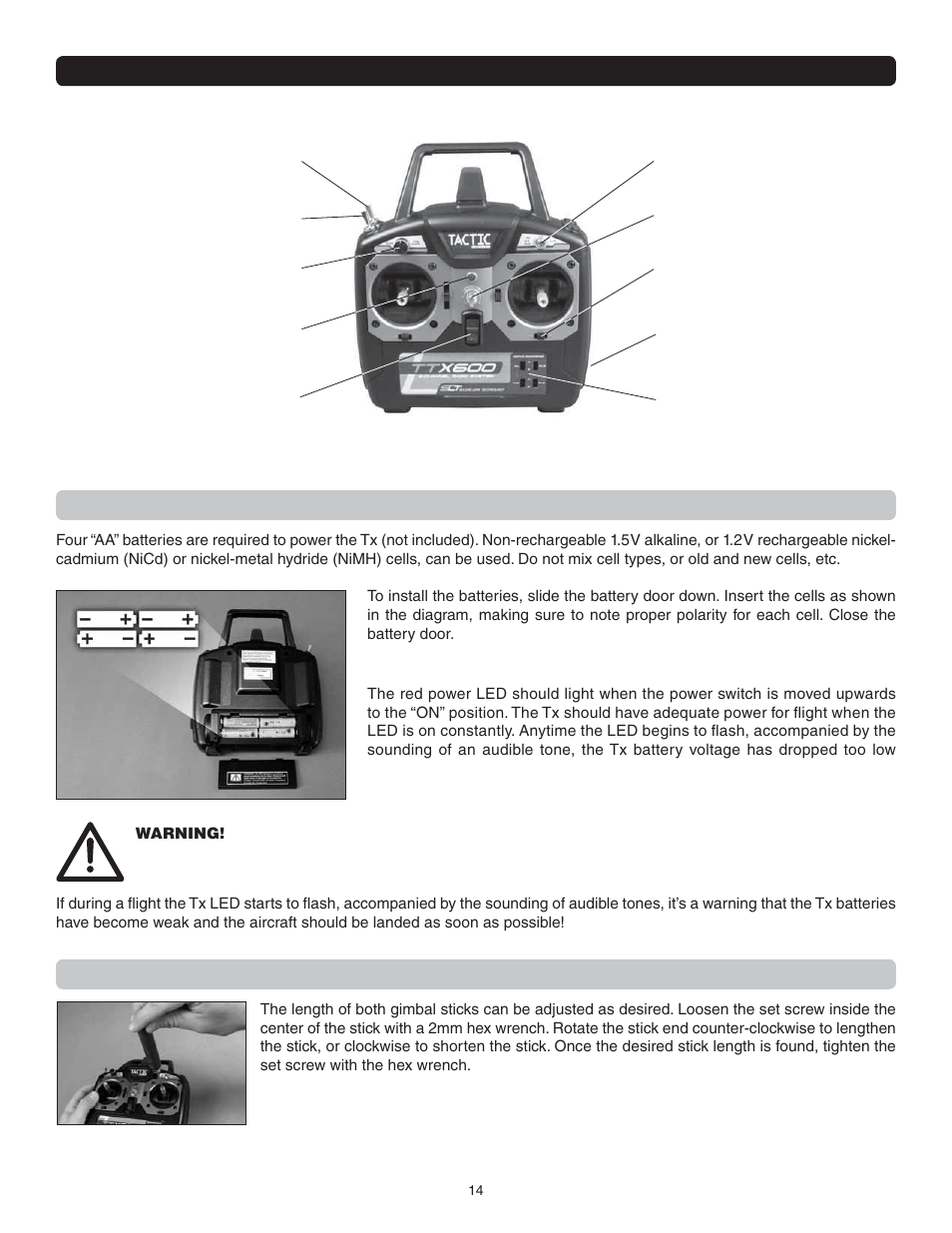 Transmitter batteries, Adjustable sticks, Channel radio | Flyzone FLZA4314 User Manual | Page 14 / 20