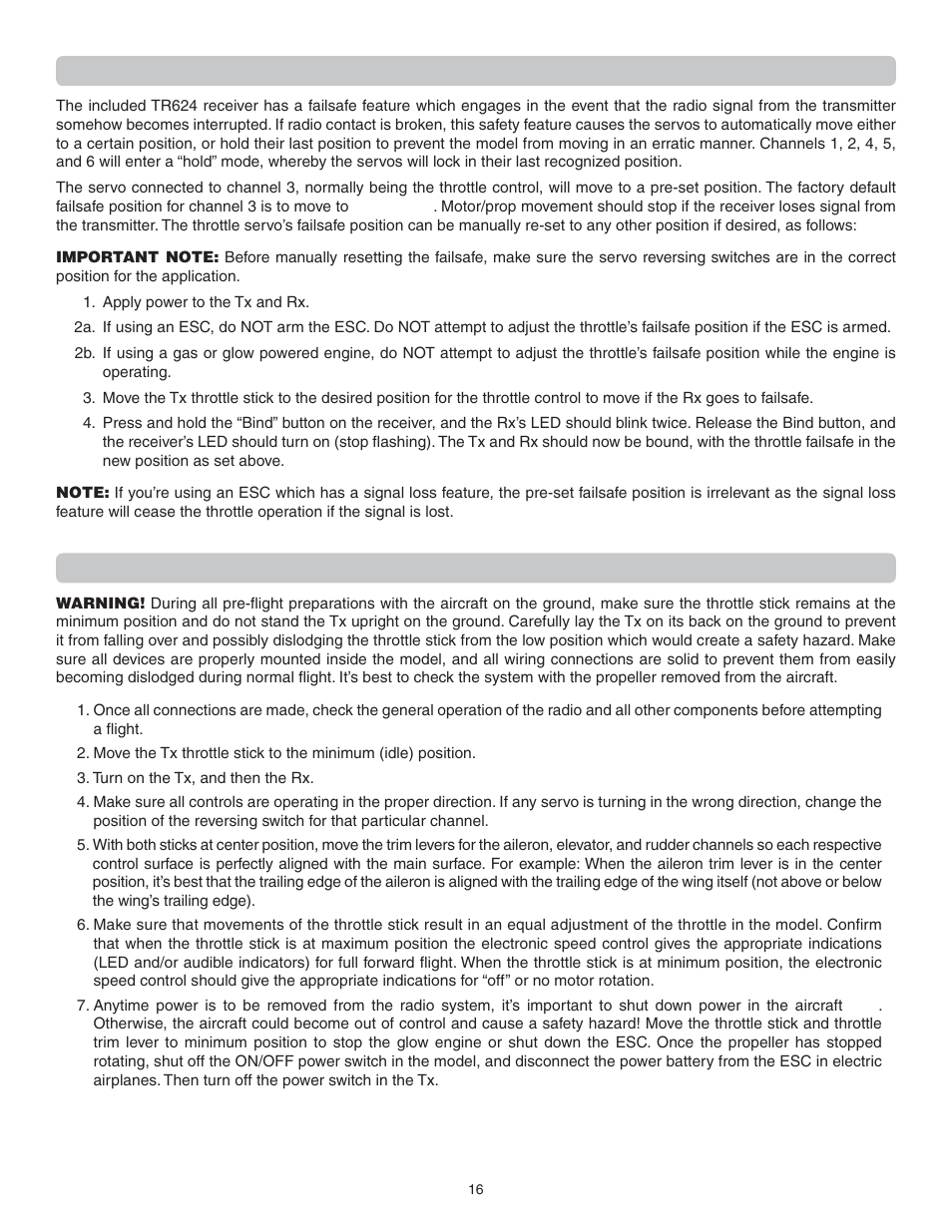Failsafe function, System check and operation | Flyzone FLZA4314 User Manual | Page 16 / 20