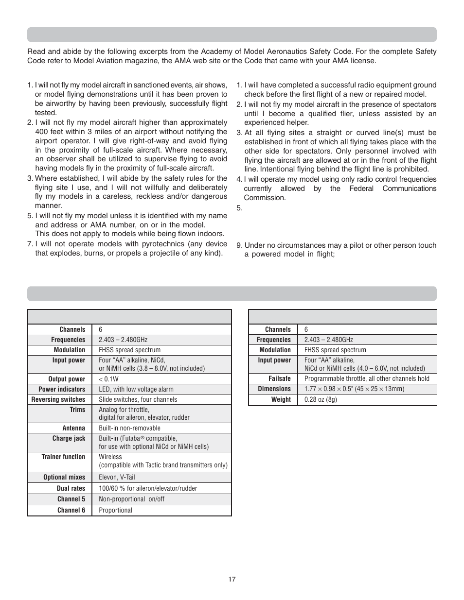 Ama safety code (excerpts), Specifi cations | Flyzone FLZA4314 User Manual | Page 17 / 20