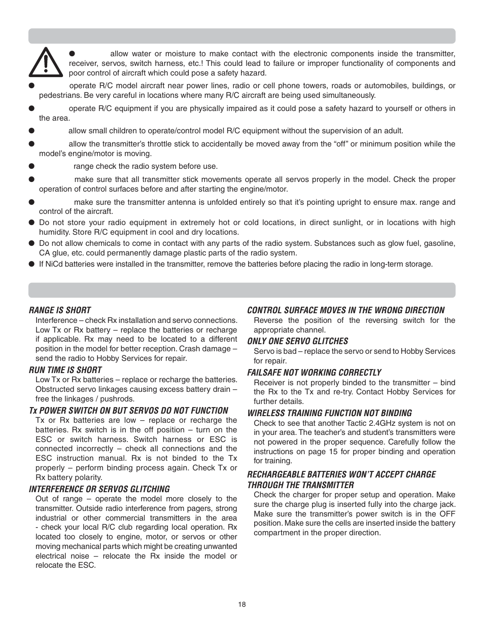 Important warnings and precautions, Troubleshooting | Flyzone FLZA4314 User Manual | Page 18 / 20