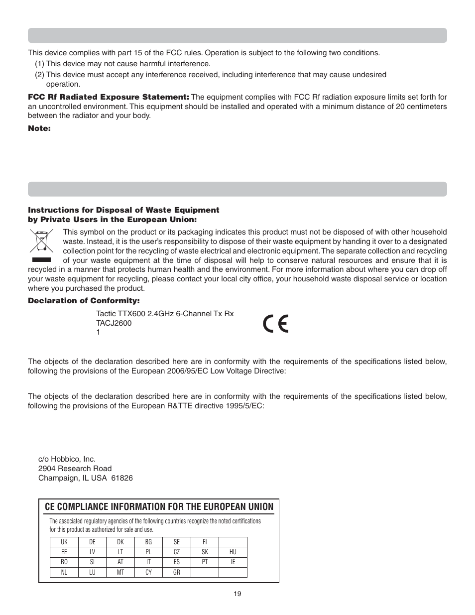 Fcc statement, Ce compliance information for the european union | Flyzone FLZA4314 User Manual | Page 19 / 20