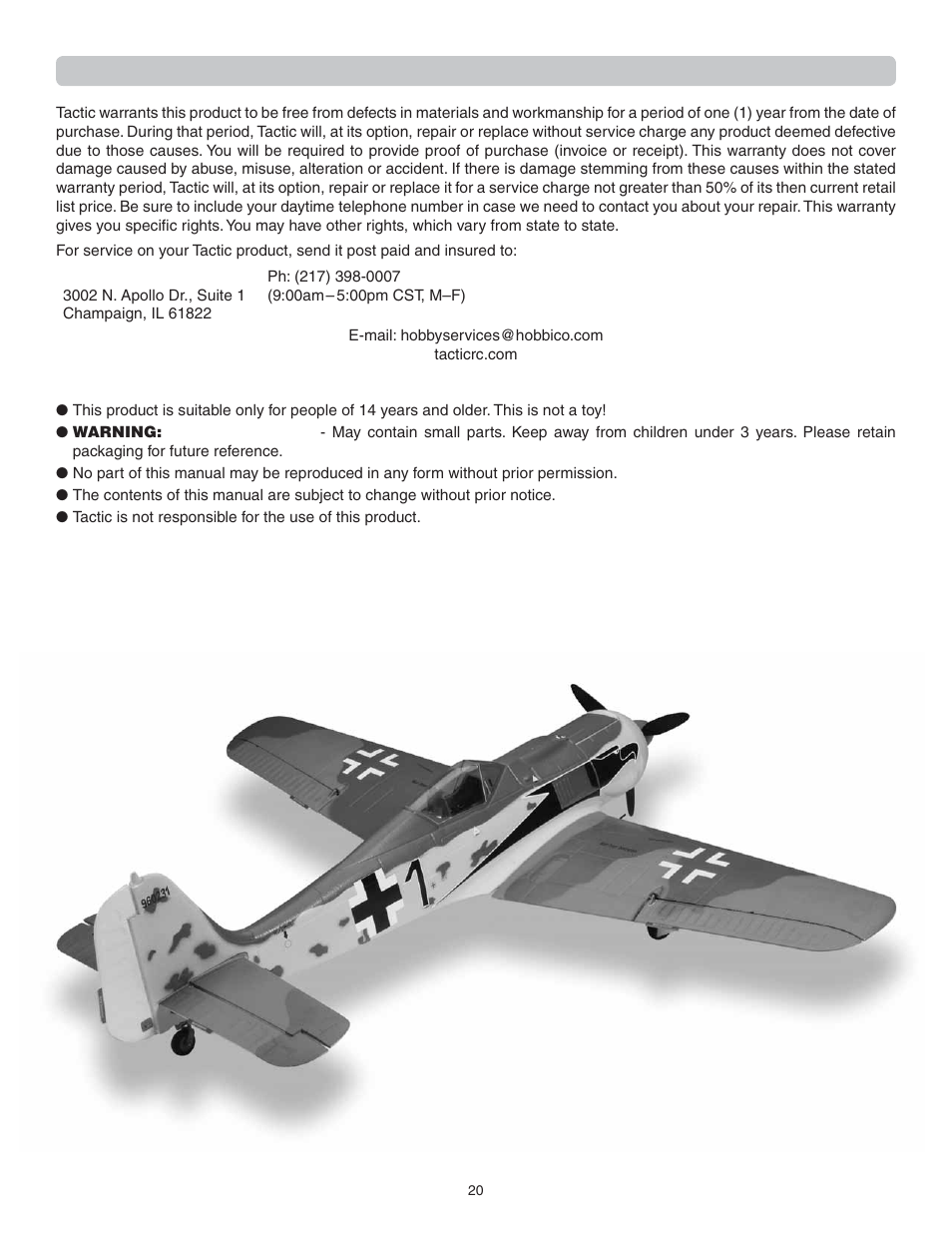 Ttx600 one year limited warranty *u.s.a and canada | Flyzone FLZA4314 User Manual | Page 20 / 20