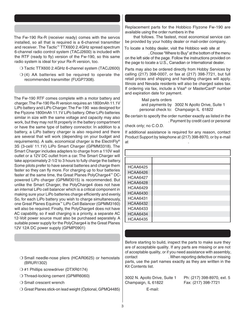 Additional items required radio control system, Battery and charger, Required assembly tool | Ordering replacement parts, Kit inspection | Flyzone FLZA4314 User Manual | Page 3 / 20