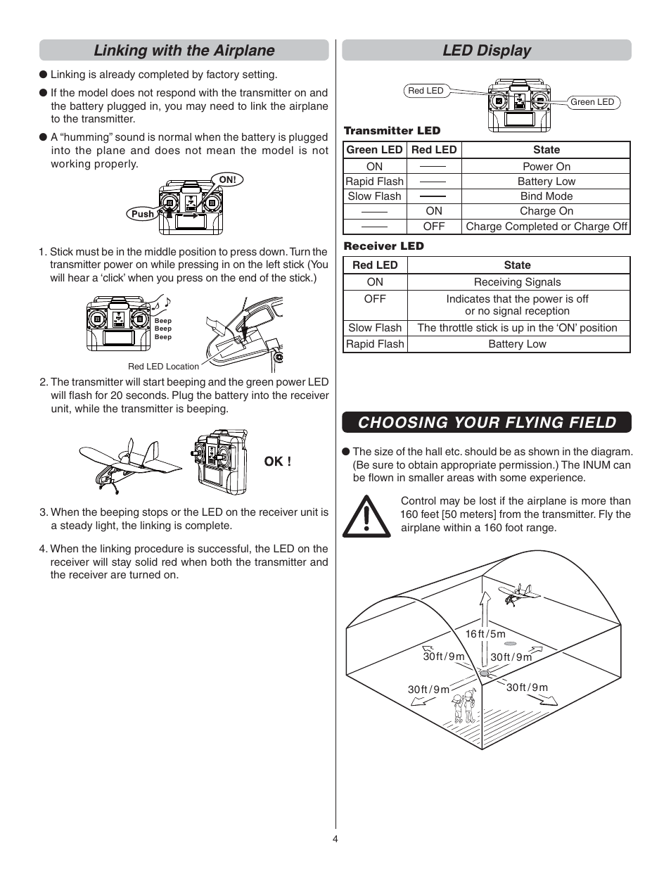 Linking with the airplane, Led display, Choosing your flying field | Flyzone FLZA2100 User Manual | Page 4 / 8