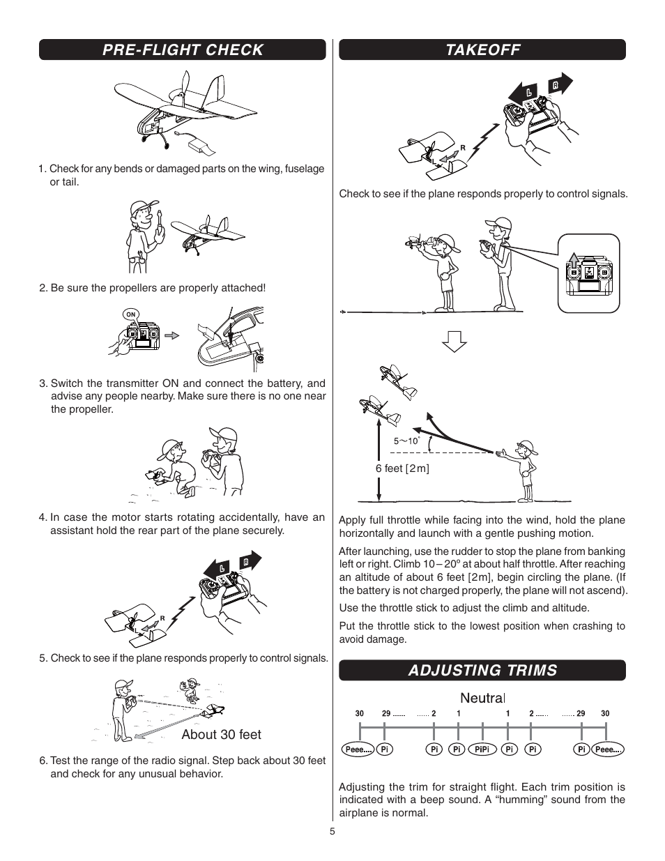Pre-flight check, Takeoff, Adjusting trims | Flyzone FLZA2100 User Manual | Page 5 / 8