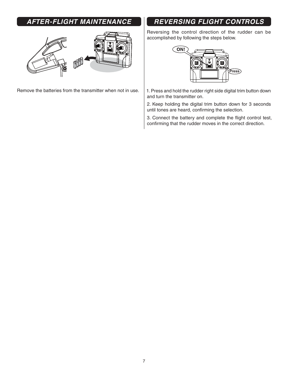 After-flight maintenance, Reversing flight controls | Flyzone FLZA2100 User Manual | Page 7 / 8