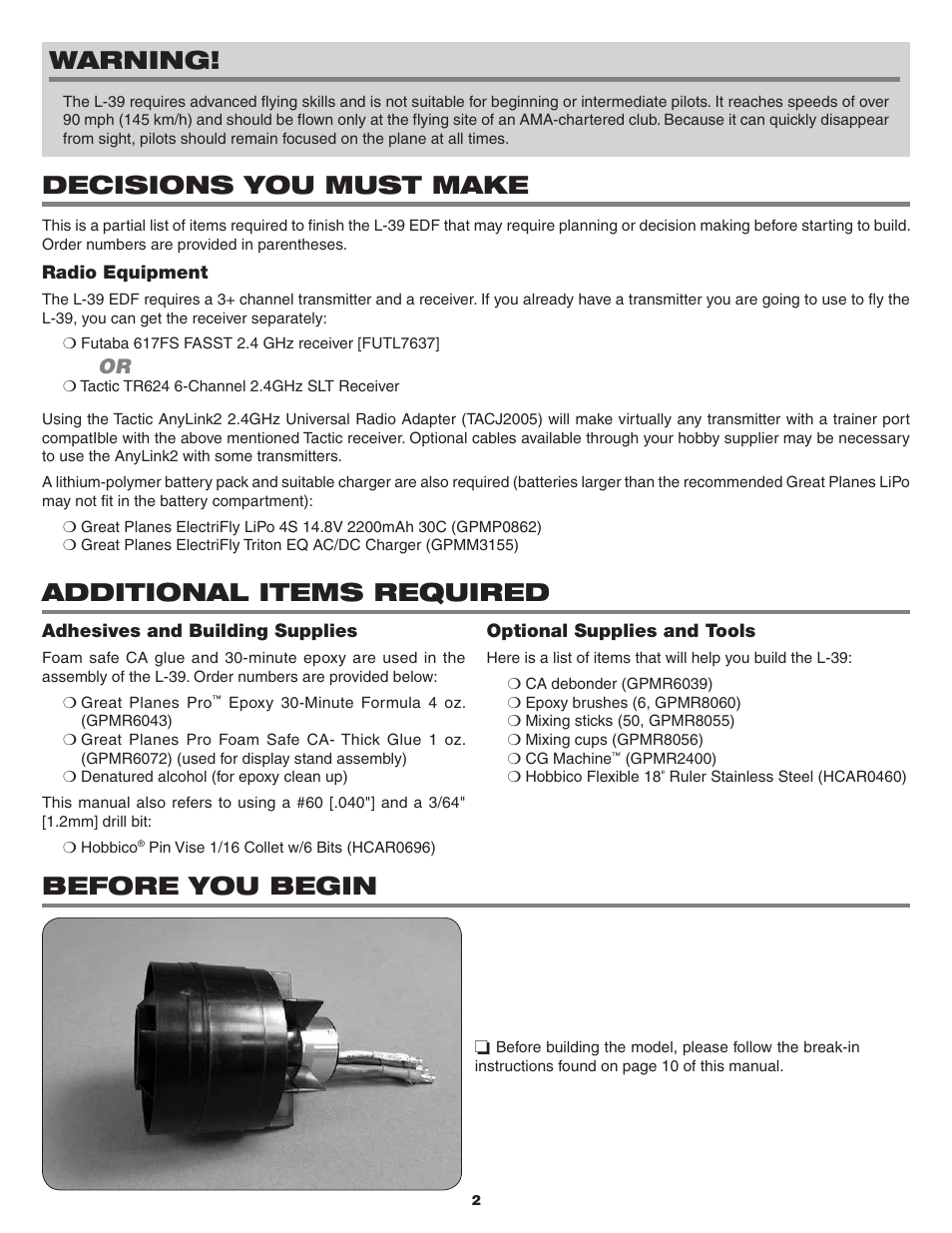 Warning, Decisions you must make, Additional items required | Before you begin | Flyzone FLZA3634 User Manual | Page 2 / 12