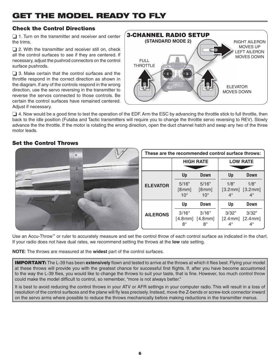 Get the model ready to fly, Channel radio setup | Flyzone FLZA3634 User Manual | Page 6 / 12