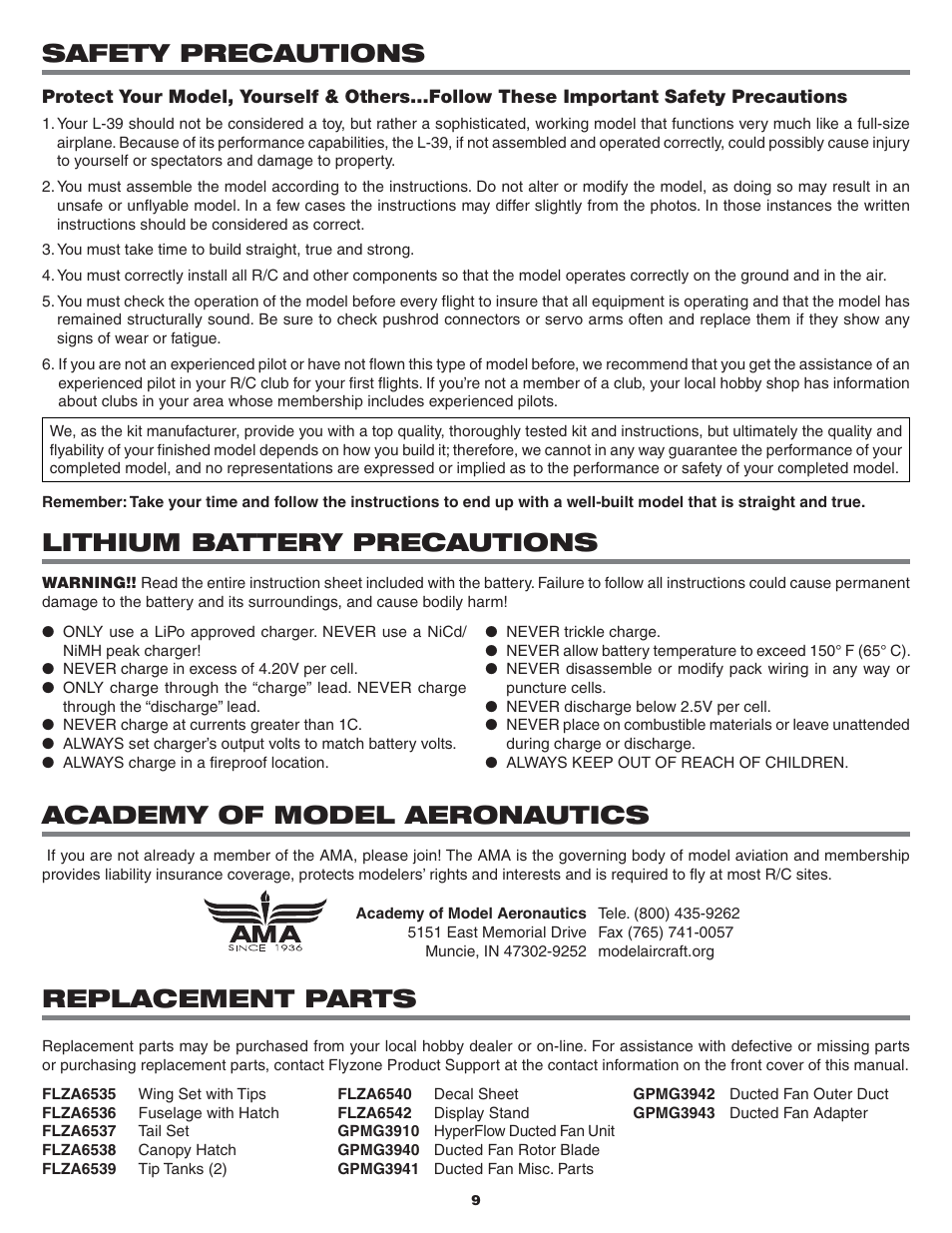 Safety precautions, Lithium battery precautions, Academy of model aeronautics | Replacement parts | Flyzone FLZA3634 User Manual | Page 9 / 12
