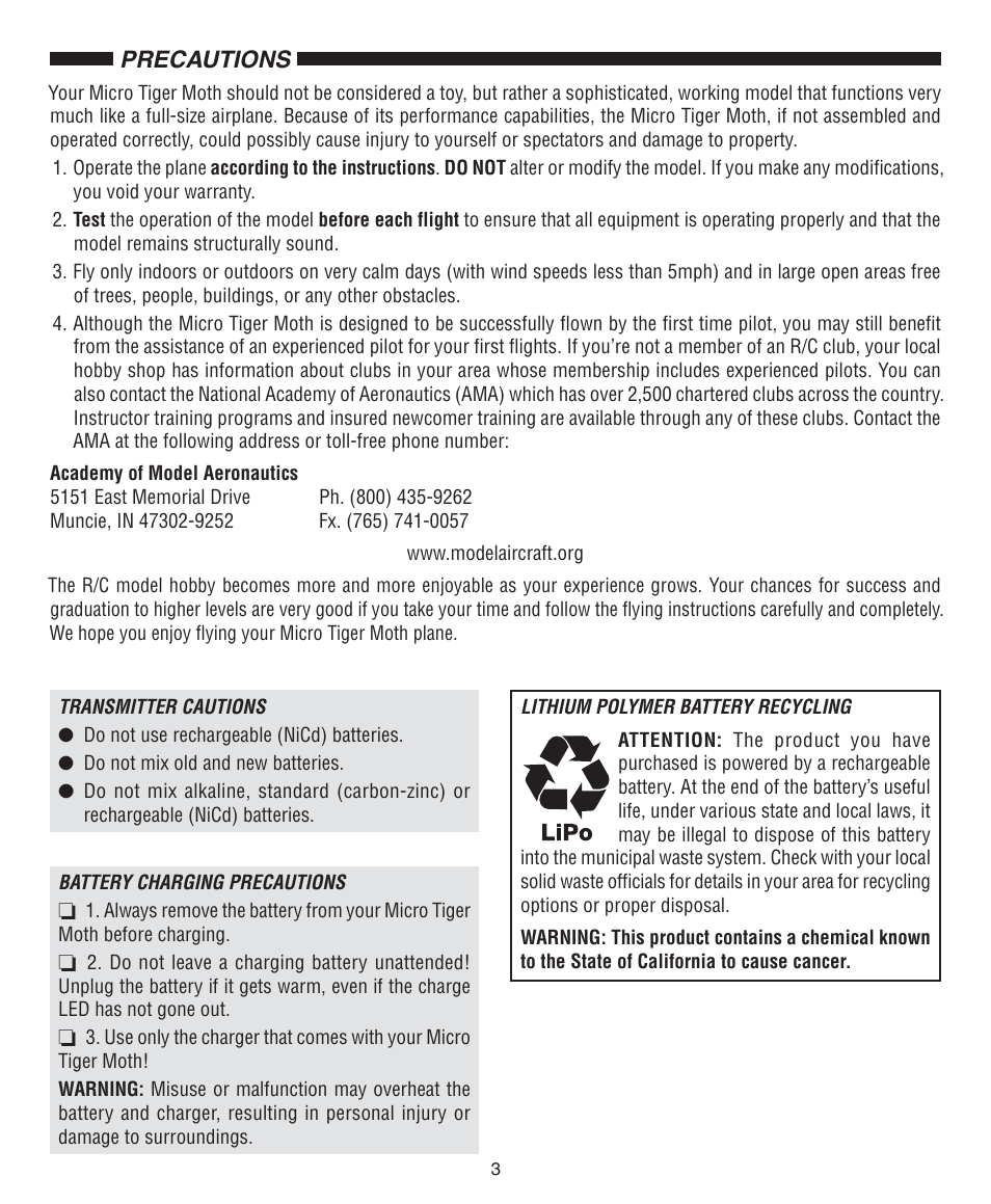 Precautions | Flyzone FLZA2062 User Manual | Page 3 / 12