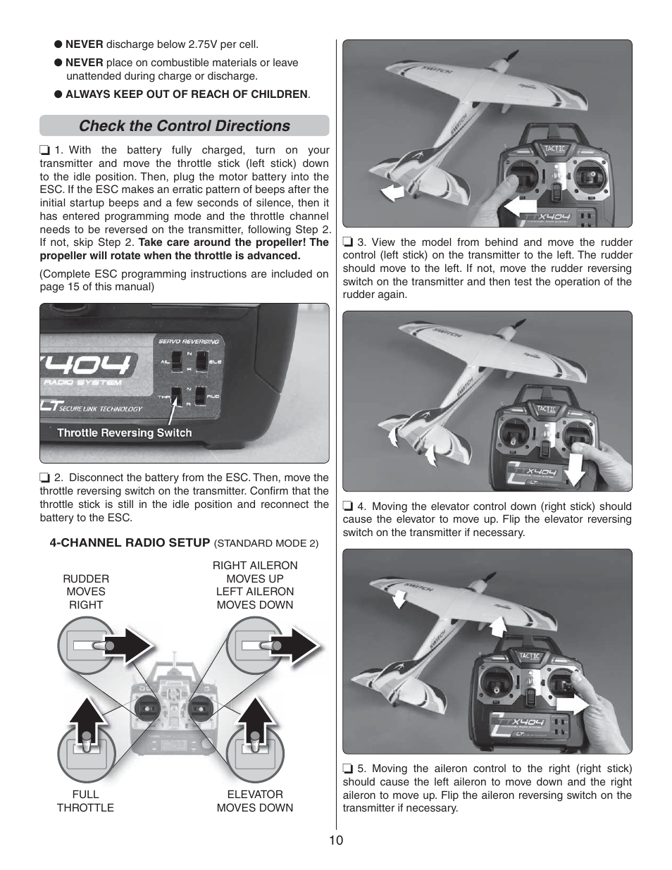 Check the control directions | Flyzone FLZA3322 User Manual | Page 10 / 24