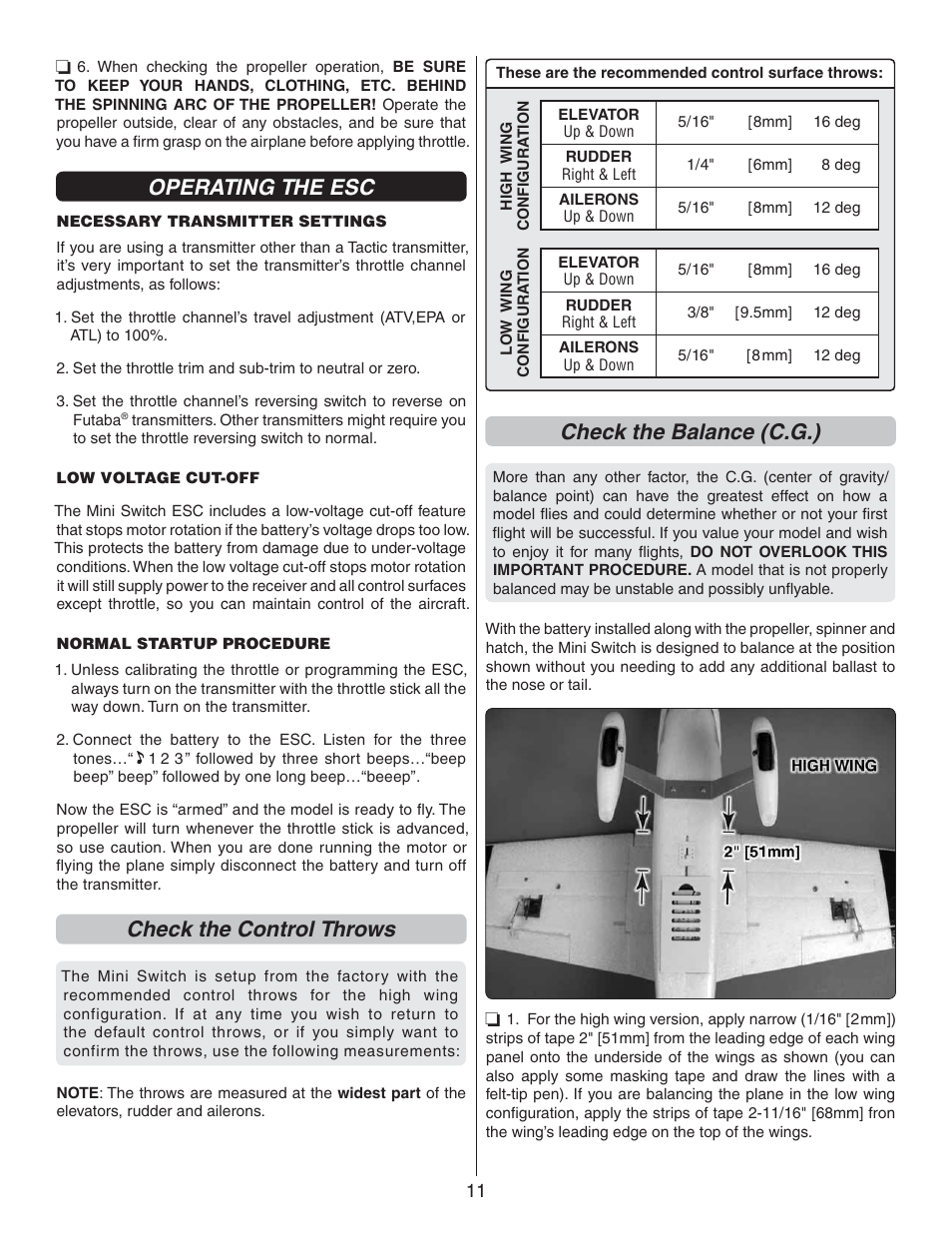 Operating the esc, Check the control throws, Check the balance (c.g.) | Flyzone FLZA3322 User Manual | Page 11 / 24