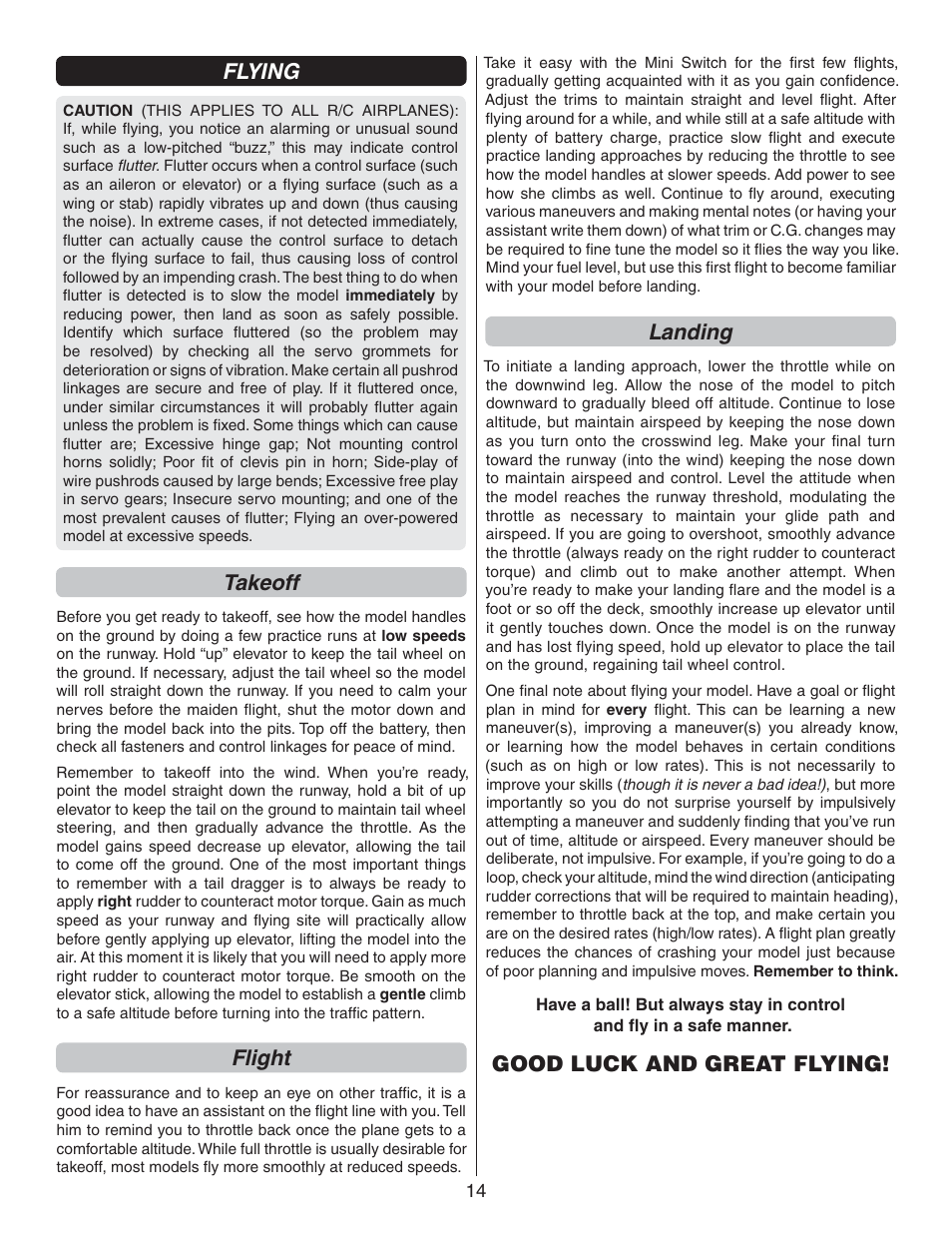 Flying, Takeoff, Flight | Landing, Good luck and great flying | Flyzone FLZA3322 User Manual | Page 14 / 24