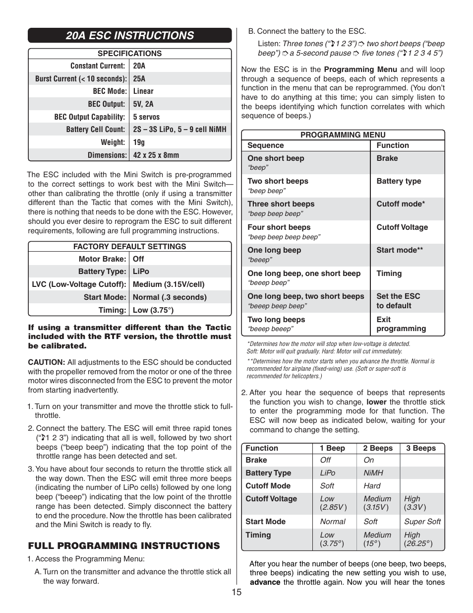 20a esc instructions | Flyzone FLZA3322 User Manual | Page 15 / 24