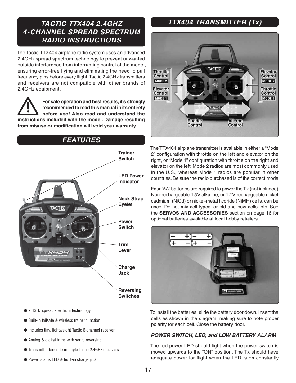 Features, Ttx404 transmitter (tx) | Flyzone FLZA3322 User Manual | Page 17 / 24