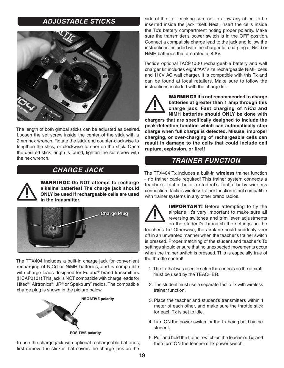 Adjustable sticks, Charge jack, Trainer function | Flyzone FLZA3322 User Manual | Page 19 / 24