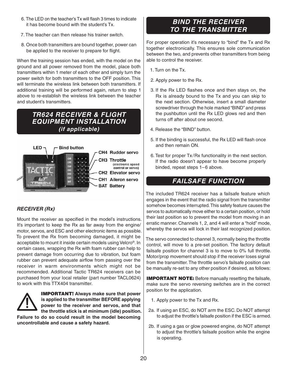 Tr624 receiver & flight equipment installation, Bind the receiver to the transmitter, Failsafe function | Flyzone FLZA3322 User Manual | Page 20 / 24