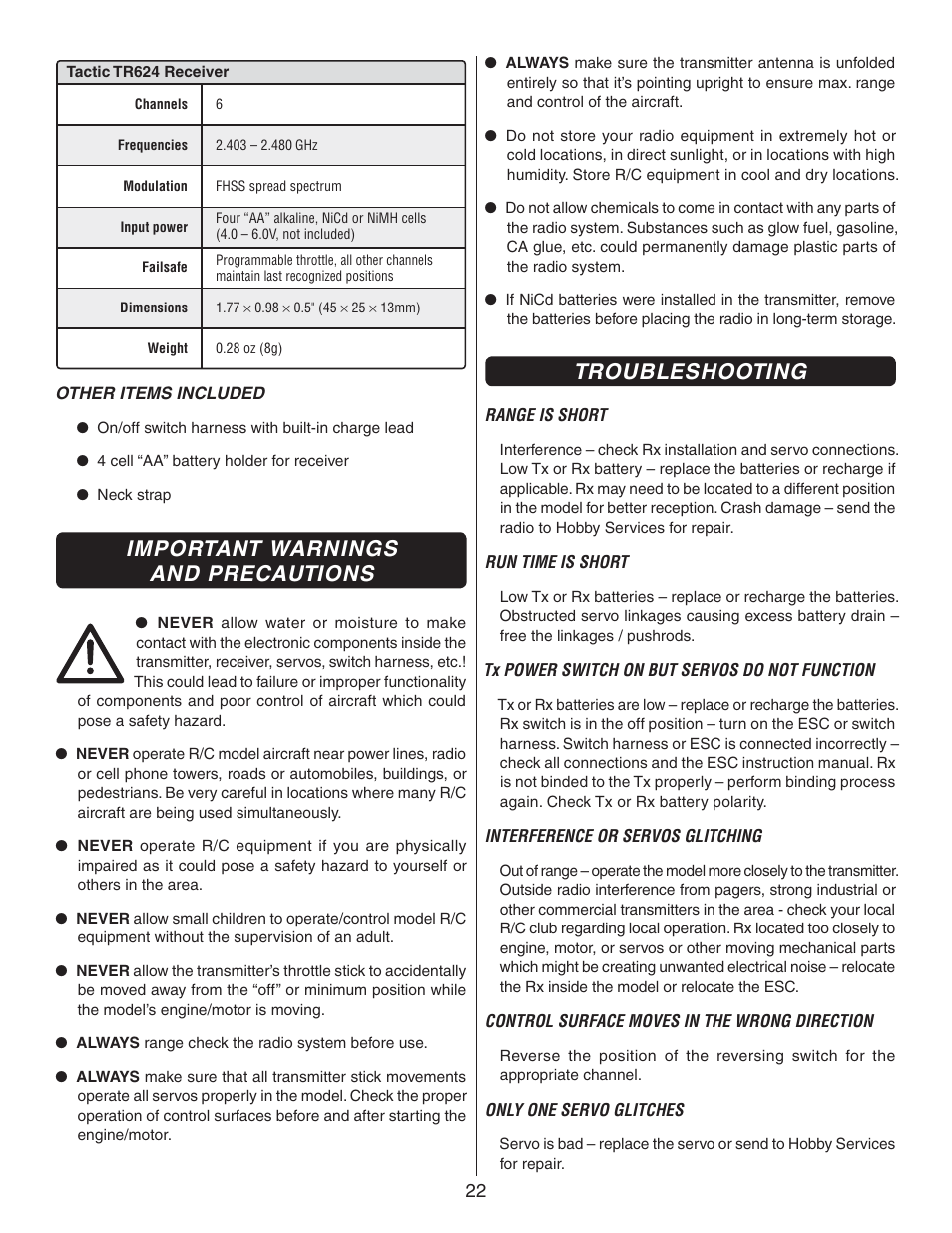 Important warnings and precautions, Troubleshooting | Flyzone FLZA3322 User Manual | Page 22 / 24