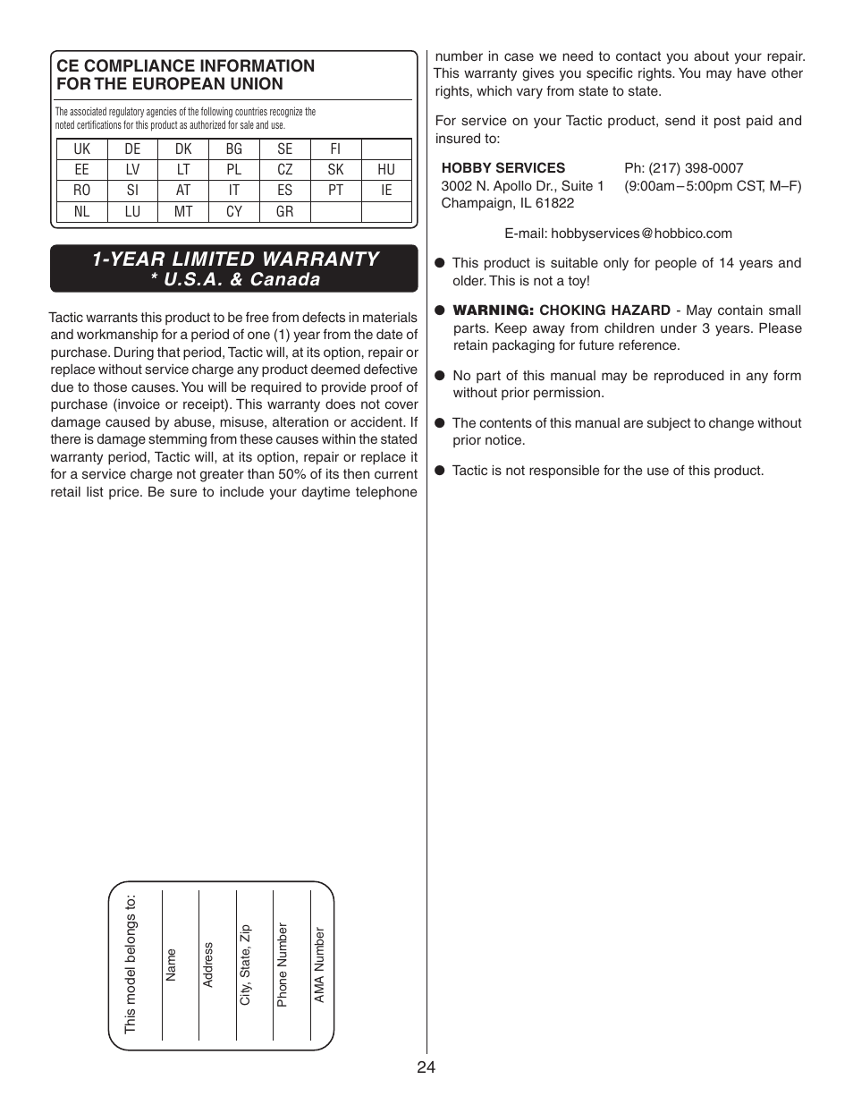 Year limited warranty, U.s.a. & canada | Flyzone FLZA3322 User Manual | Page 24 / 24