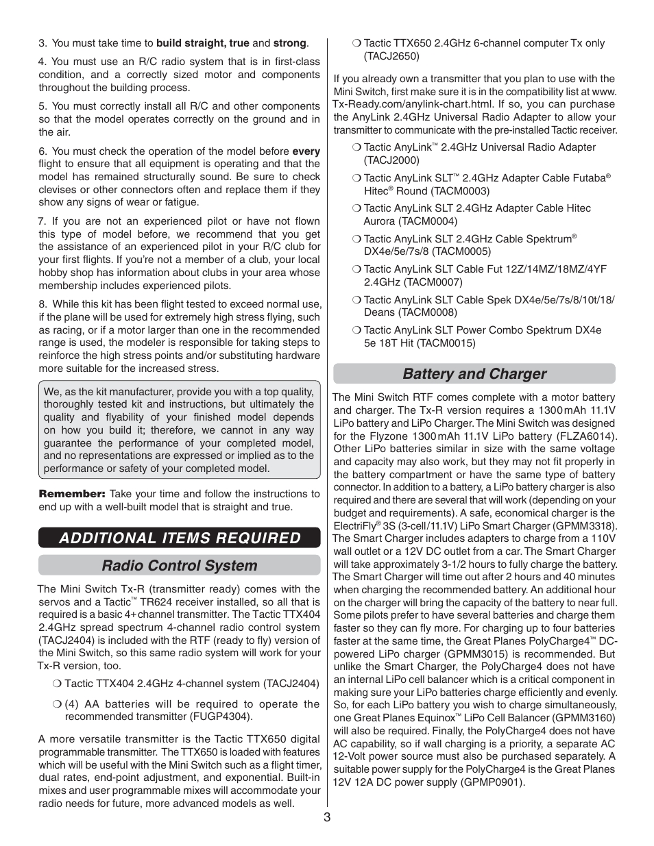 Additional items required radio control system, Battery and charger | Flyzone FLZA3322 User Manual | Page 3 / 24