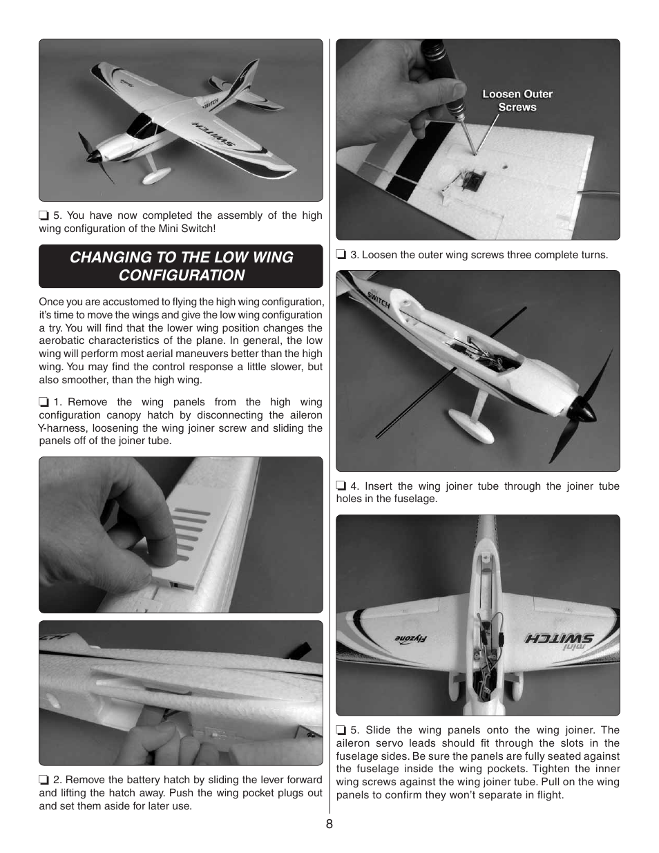 Changing to the low wing configuration | Flyzone FLZA3322 User Manual | Page 8 / 24