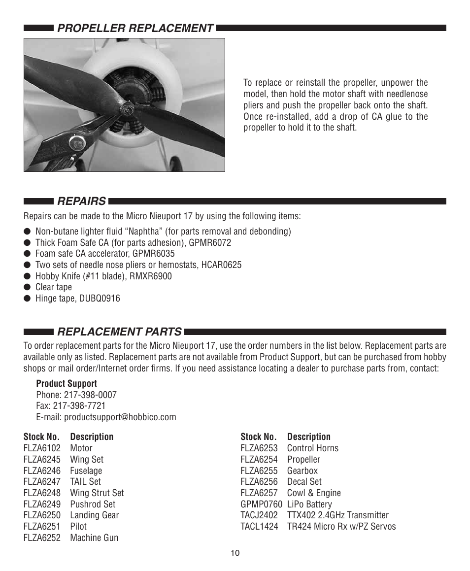 Repairs, Replacement parts, Propeller replacement | Flyzone FLZA2040 User Manual | Page 10 / 12