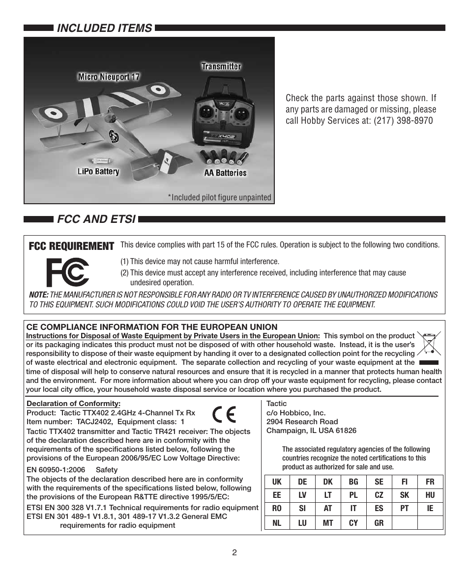 Fcc requirement, Included items fcc and etsi | Flyzone FLZA2040 User Manual | Page 2 / 12