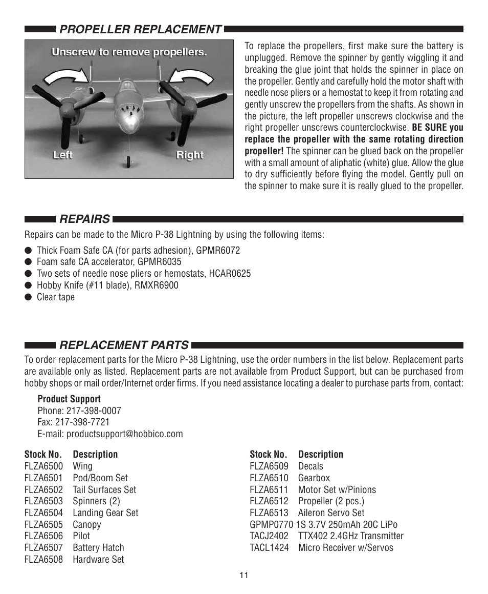 Repairs, Replacement parts, Propeller replacement | Flyzone FLZA3330 User Manual | Page 11 / 12