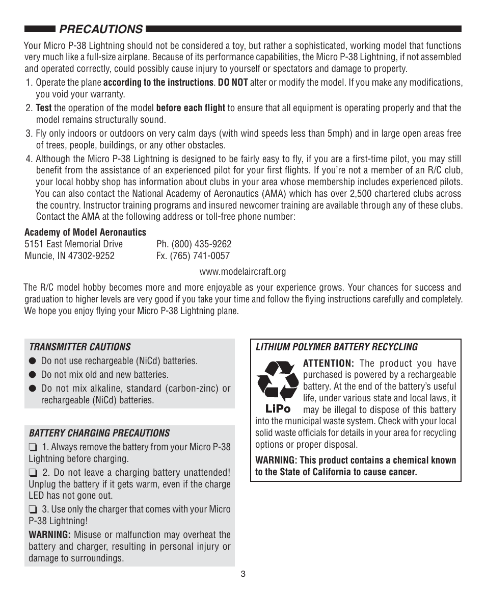 Precautions | Flyzone FLZA3330 User Manual | Page 3 / 12